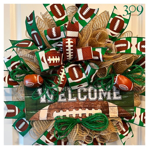 Sports-themed, brown and green football wreath.