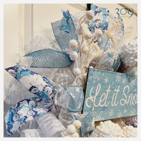 Blue and white, winter-themed wreath.