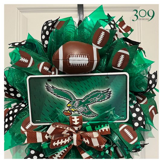 green and brown Philadelphia sports-themed wreath.